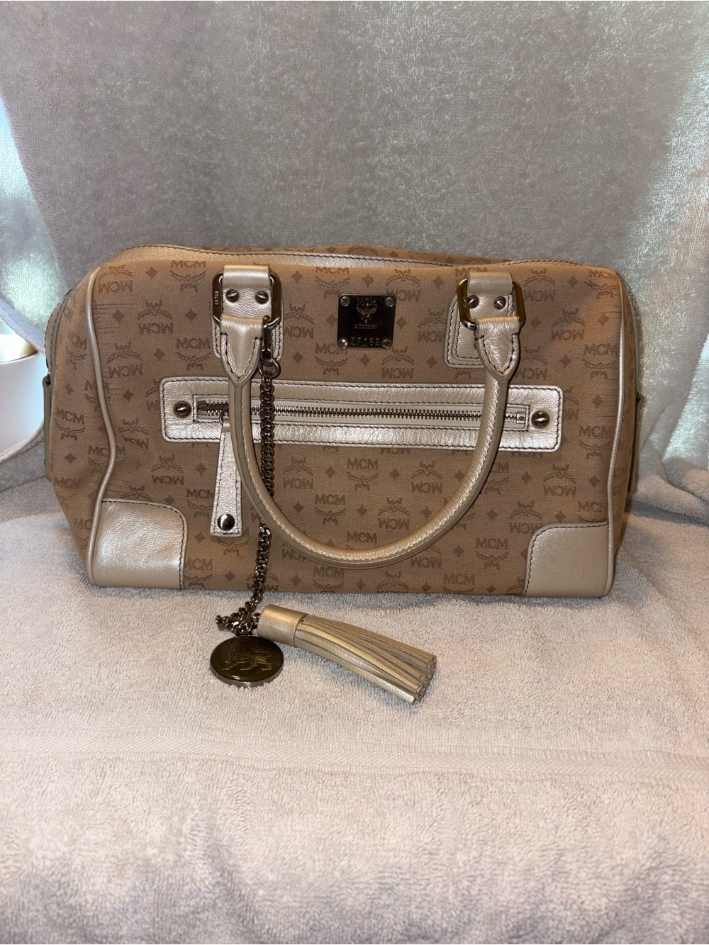 MCM Cognac Logo Satchel with Beige Trim Authentic